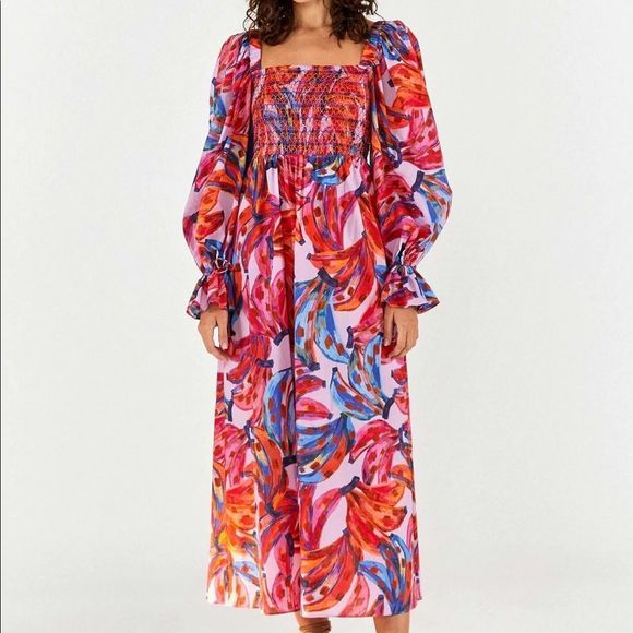 FARM Rio Dresses & Skirts - Nwt Farm Rio Coloured Bananas Puff Sleeve Maxi Dress